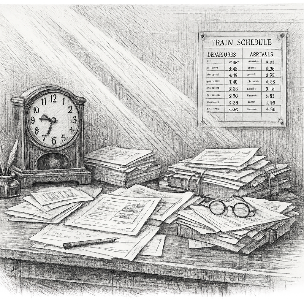 A modest patent office desk covered with papers, a clock, a train timetable, beams of light crossing the room, pencil-bw style transparent background.