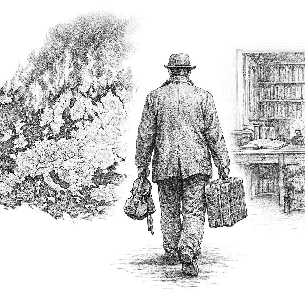 A man with a violin and a suitcase walking away from a burning map of Europe toward a quiet study, pencil-bw style transparent background.