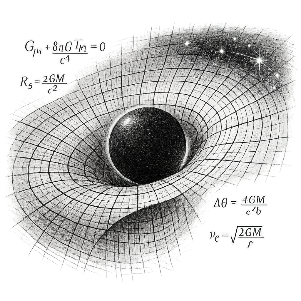 A warped grid of spacetime bending around a dark sun, stars displaced at the edge, chalk equations floating nearby, pencil-bw style transparent background.