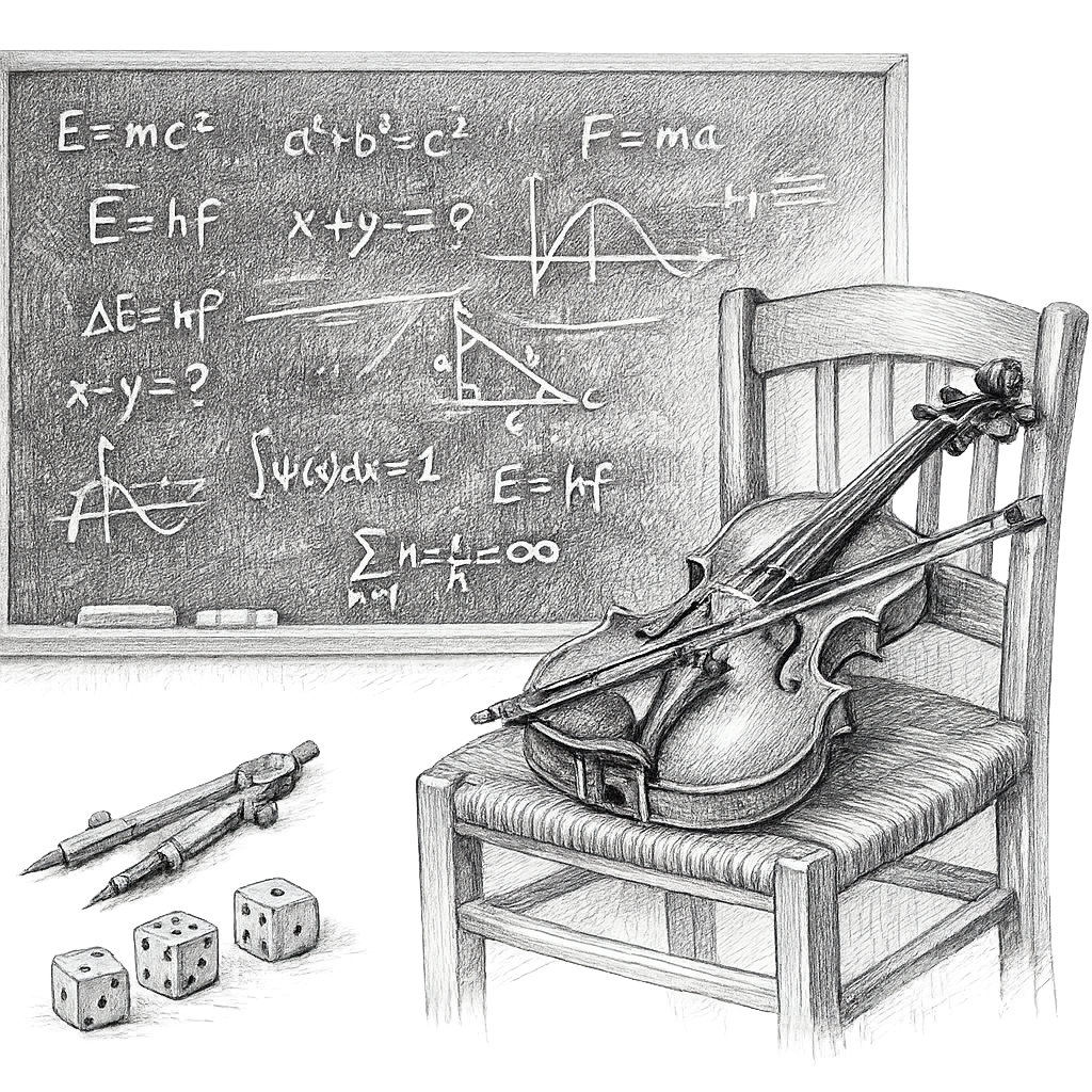 A blackboard filled with incomplete equations, a compass, dice set aside untouched, a violin on a chair, pencil-bw style transparent background.
