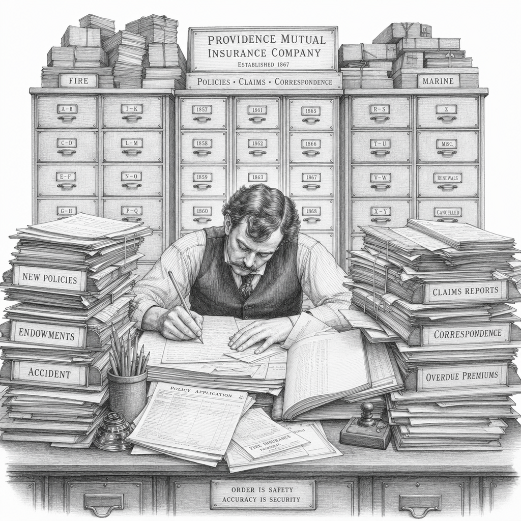 An insurance office, filing cabinets stacked to the ceiling, a clerk buried under forms, pencil-bw style white background.