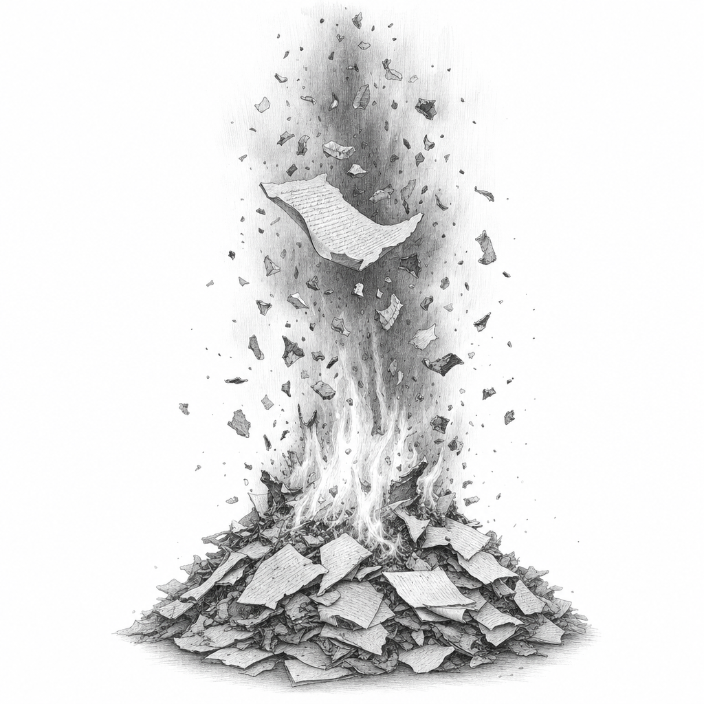 A bonfire of papers, fragments floating upward into darkness, one sheet caught mid-flight, pencil-bw style white background.