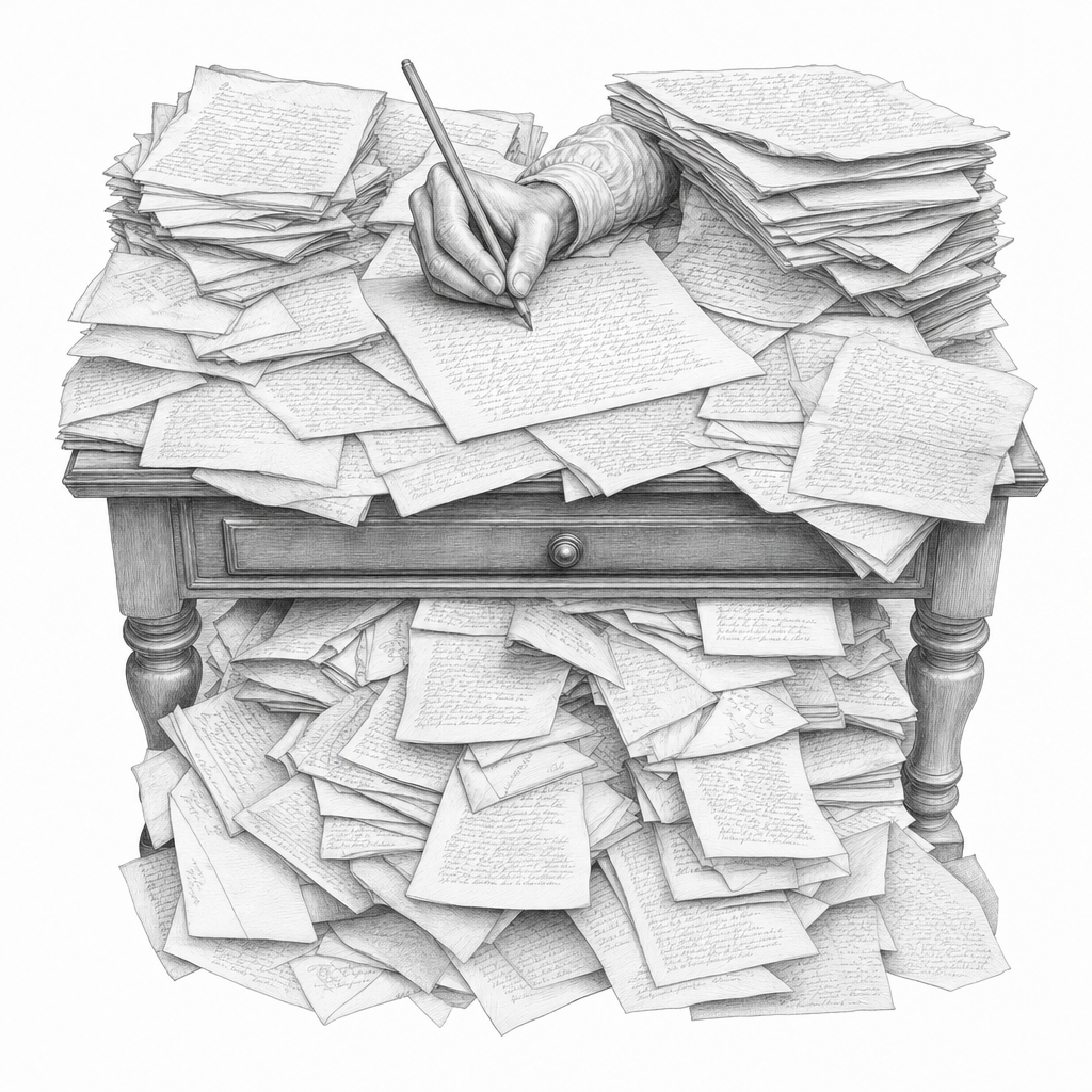 A hand writing a letter at a desk, the pages multiplying and overflowing the desk, pencil-bw style white background.