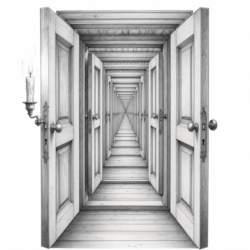 A labyrinthine corridor of identical wooden doors stretching to infinity, warm amber candlelight, pencil-bw style white background, no color.