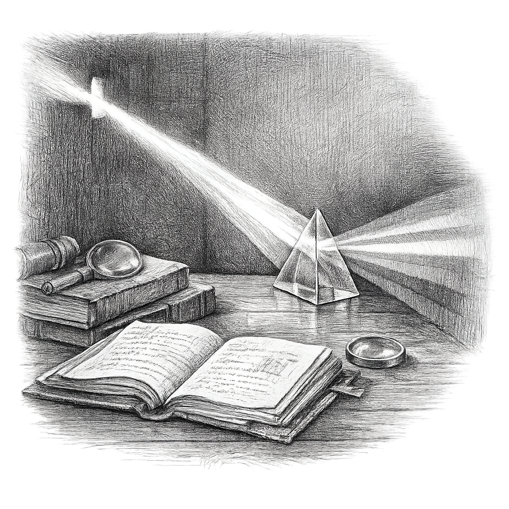 A dark seventeenth-century study, a beam of sunlight through a small shutter hole crossing a glass prism and separating into a precise spectrum on a wall, notebooks and lenses on a table, pencil-bw editorial biography illustration with restrained spectral tonal contrast, transparent background.