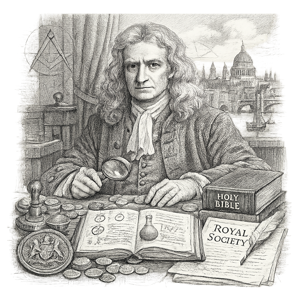 Isaac Newton as Master of the Mint at a desk with coins, seals, an alchemical manuscript, a Bible, and a Royal Society document, London in the background, hidden geometric symbols worked into the composition, pencil-bw editorial biography illustration, transparent background.