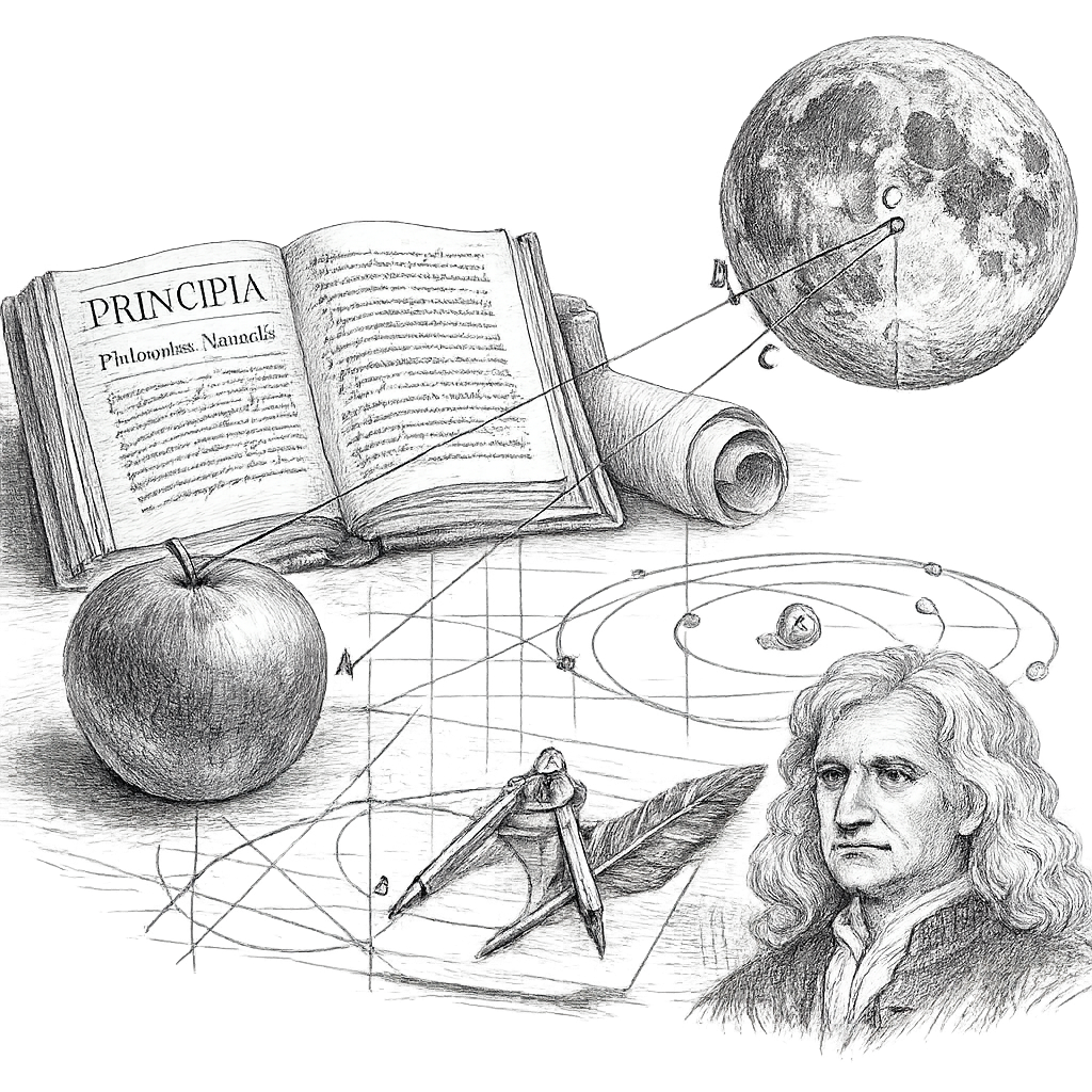A seventeenth-century manuscript titled Principia open beside geometric diagrams, elliptical planetary orbits, a compass and quill, mathematical construction lines linking an apple-sized sphere to the moon, pencil-bw editorial biography illustration, transparent background.
