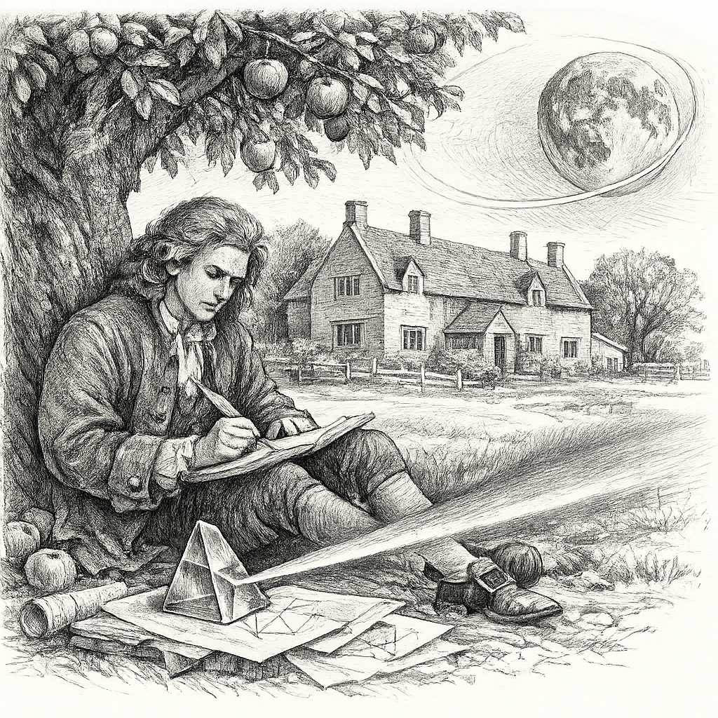 Woolsthorpe Manor in rural Lincolnshire during the 1660s, a young Isaac Newton writing mathematical notes beneath an apple tree, a prism casting a spectrum across papers, the moon and an orbital curve subtly present, pencil-bw editorial biography illustration, transparent background.