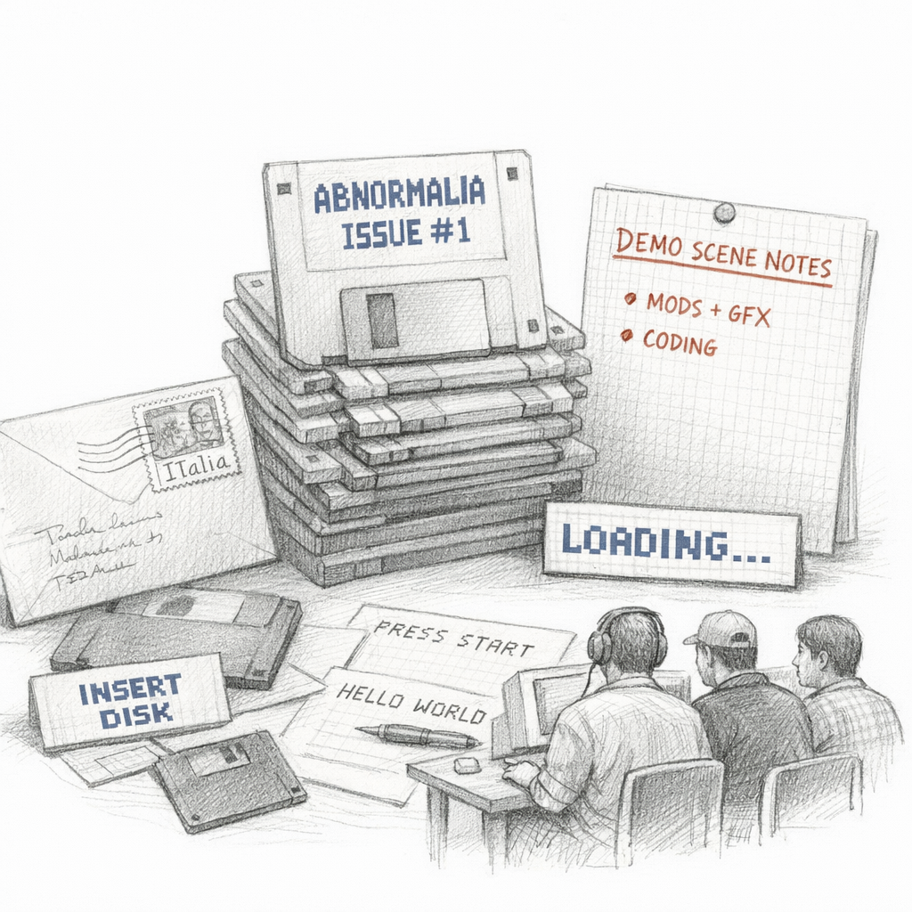 Early 1990s Amiga diskmag scene shown as floppy disks, postal mail, pixel typography, Italian demoscene notes, and a small group called Abnormalia assembling issue one, archival ixen-light illustration.