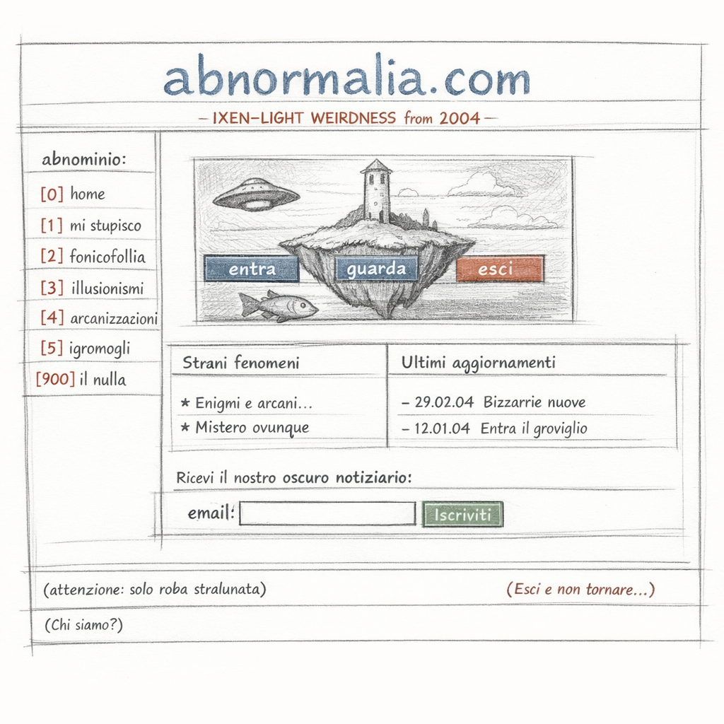 The archived 2004 abnormalia.com homepage rendered as handmade web archaeology: table layout, small Verdana text, image map energy, newsletter form, abnominio links 0 through 5 and 900, strange Italian microcopy, ixen-light web fossil.