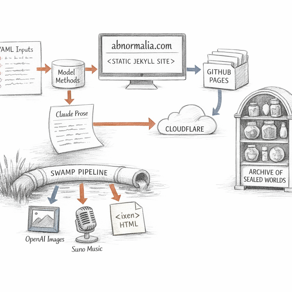 The current abnormalia.com as a static Jekyll site and swamp pipeline: YAML inputs, model methods, Claude prose, OpenAI images, Suno music, generated standalone ixen HTML, GitHub Pages, Cloudflare, and an archive page listing sealed worlds.