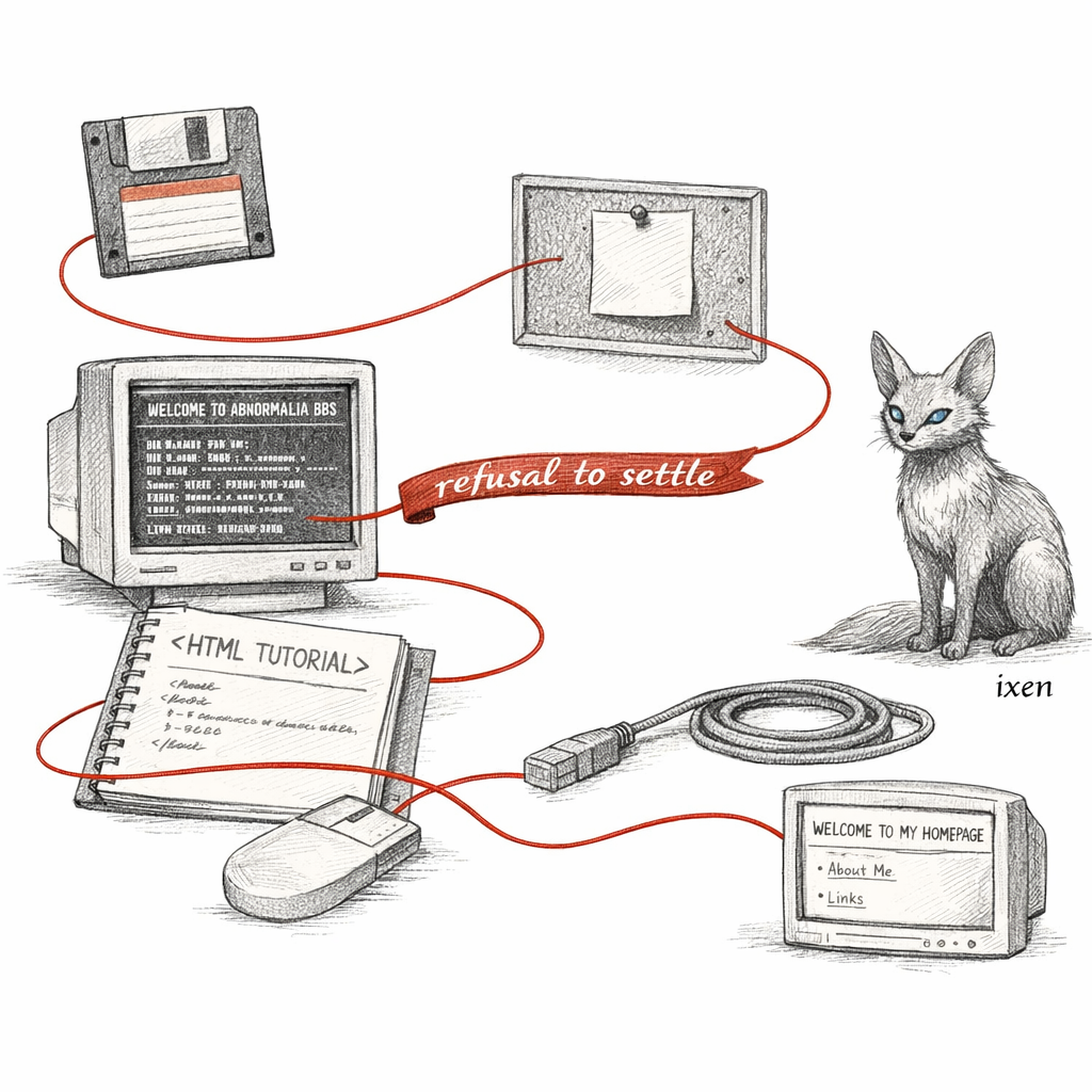 Abnormalia's continuity across incompatible media: floppy, BBS, handmade HTML, social absence, hypertext tutorial, generated ixen, all connected by a red thread labelled refusal to settle, restrained technical zine illustration.