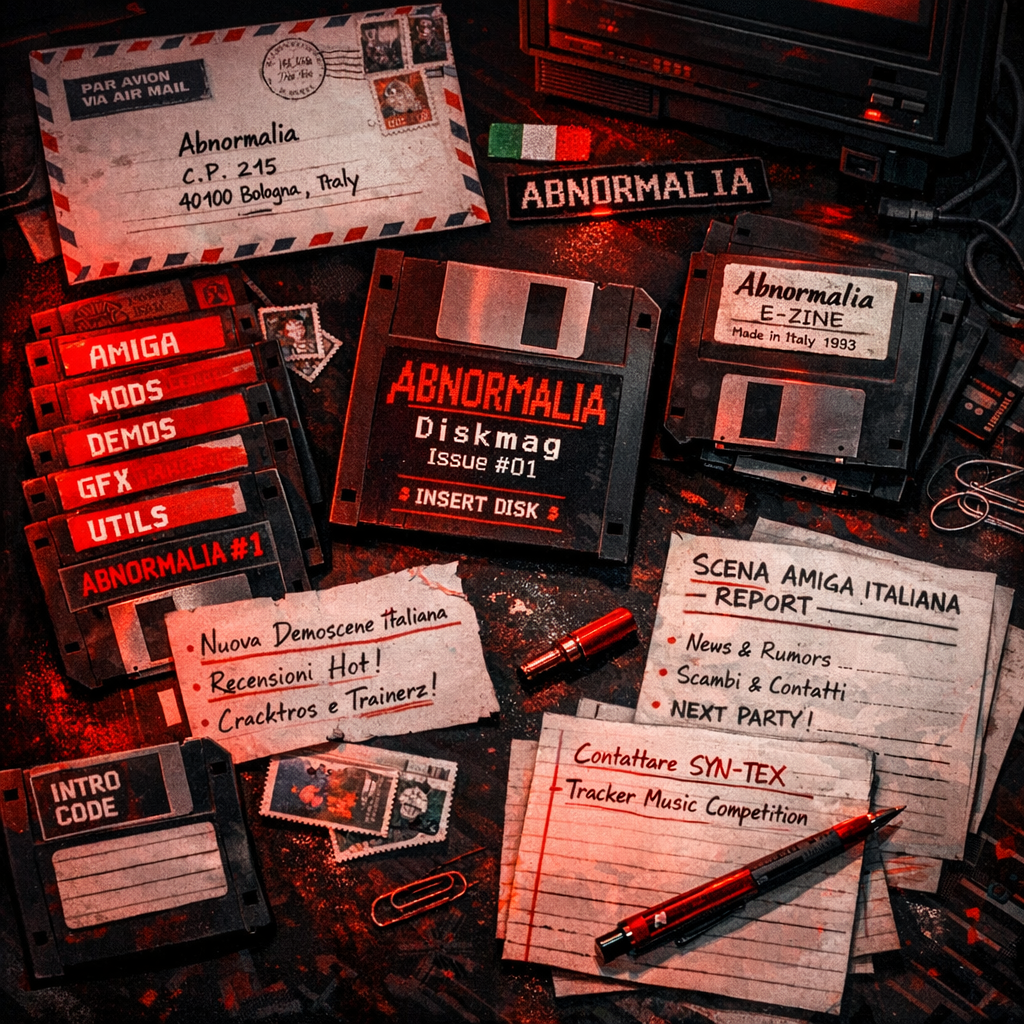 Early 1990s Amiga diskmag scene shown as floppy disks, postal mail, pixel typography, Italian demoscene notes, and a small group called Abnormalia assembling issue one, archival ixen-dark illustration.