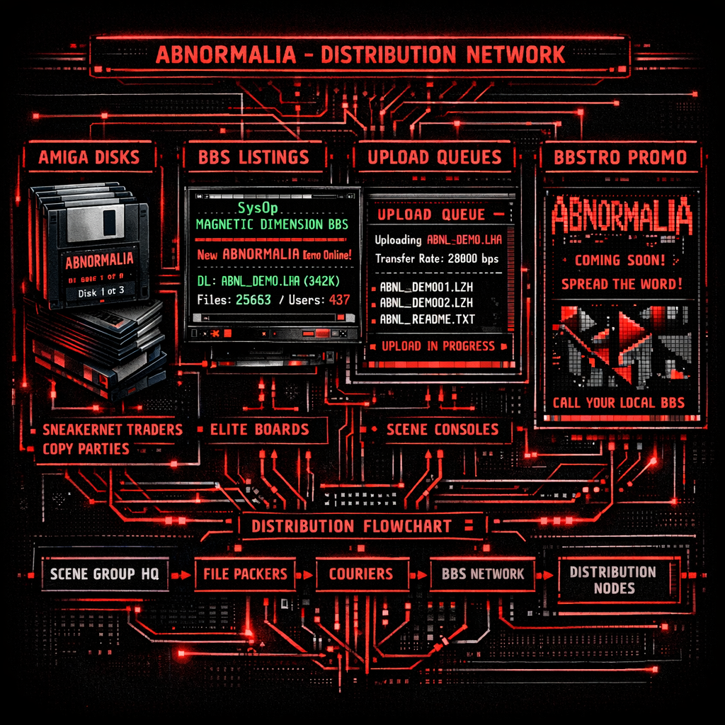 Abnormalia moving through demoscene distribution channels: Amiga disks, BBS listings, upload queues, ANSI-like terminal fragments, and BBStro-era promotional traces, crisp archival systems diagram.