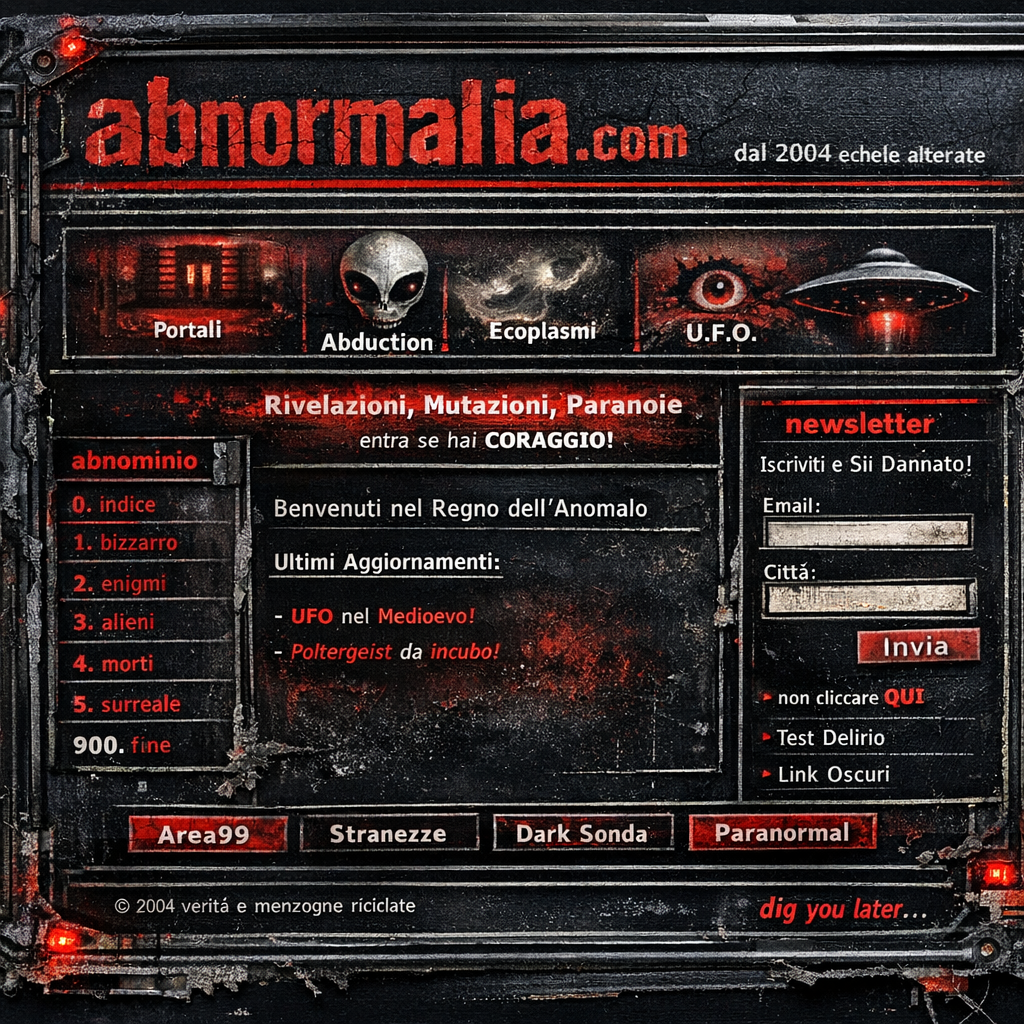The archived 2004 abnormalia.com homepage rendered as handmade web archaeology: table layout, small Verdana text, image map energy, newsletter form, abnominio links 0 through 5 and 900, strange Italian microcopy, ixen-dark web fossil.