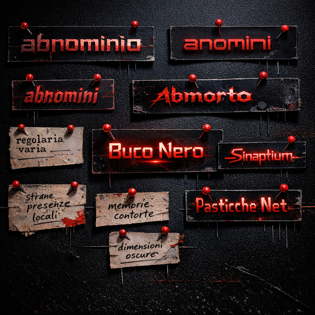 Abnormalia's mutated vocabulary as typographic specimens: abnominio, anomini, abnomini, abmorto, regolaria varia, Buco Nero, Sinaptium, Pasticche Net, handmade Italian web text fragments pinned like insects in an archive.