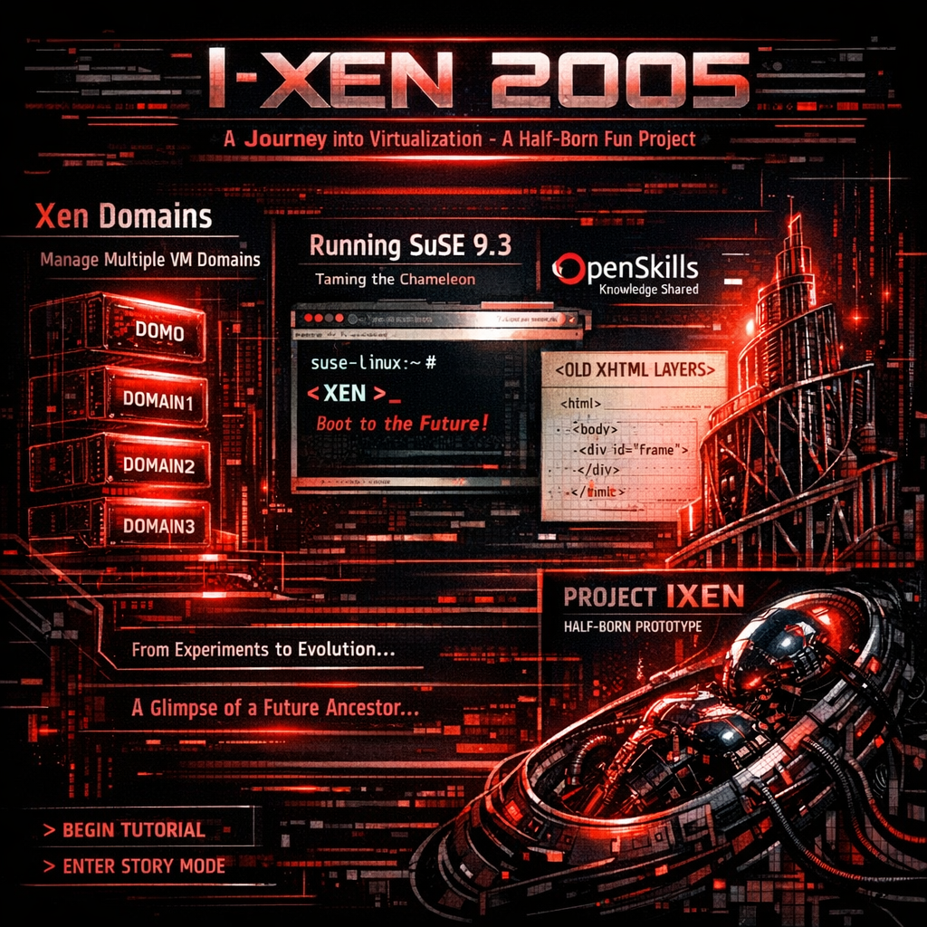 I-Xen 2005 shown as a hybrid tutorial and interactive short story: Xen domains, Suse 9.3, old XHTML layers, OpenSkills logo, Tatlin graphics, and a half-born fun project becoming a future ixen ancestor.