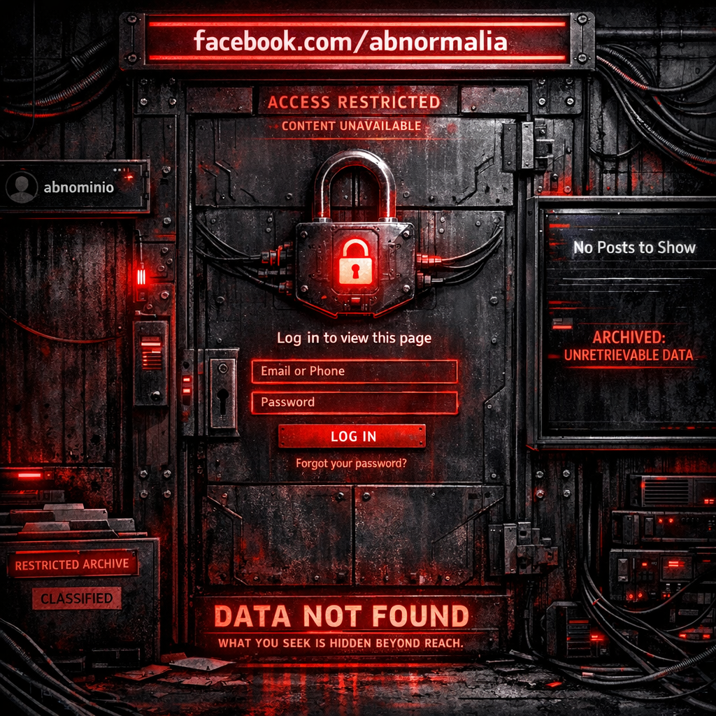 A later social-media apparition of Abnormalia: a Facebook vanity URL as a locked door, login prompt, absent posts, a handle named abnominio, and the archive logic of what cannot be publicly fetched.