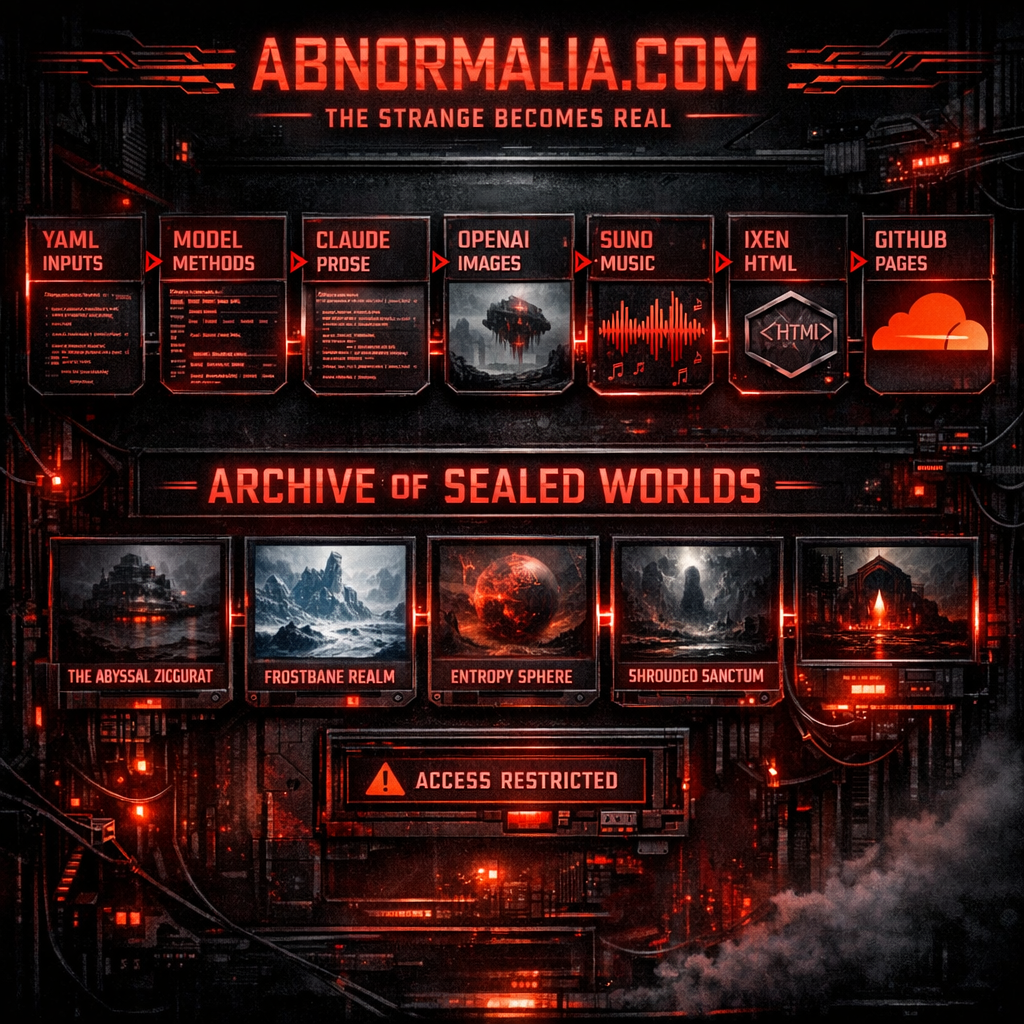 The current abnormalia.com as a static Jekyll site and swamp pipeline: YAML inputs, model methods, Claude prose, OpenAI images, Suno music, generated standalone ixen HTML, GitHub Pages, Cloudflare, and an archive page listing sealed worlds.