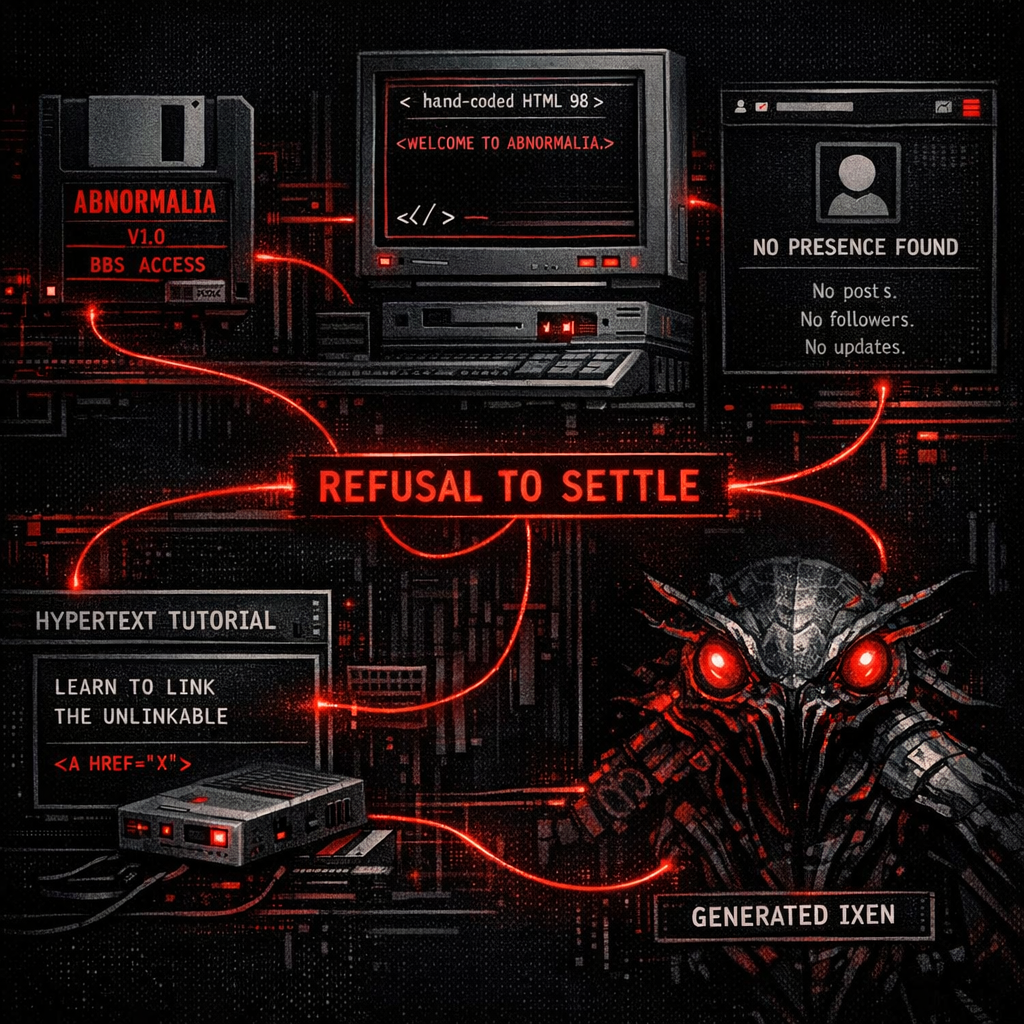 Abnormalia's continuity across incompatible media: floppy, BBS, handmade HTML, social absence, hypertext tutorial, generated ixen, all connected by a red thread labelled refusal to settle, restrained technical zine illustration.