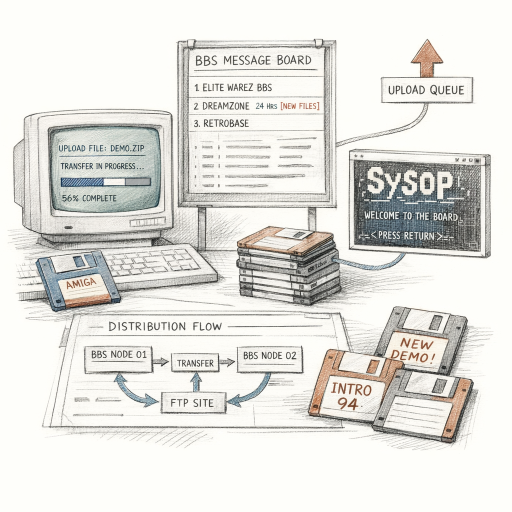 Abnormalia moving through demoscene distribution channels: Amiga disks, BBS listings, upload queues, ANSI-like terminal fragments, and BBStro-era promotional traces, crisp archival systems diagram.