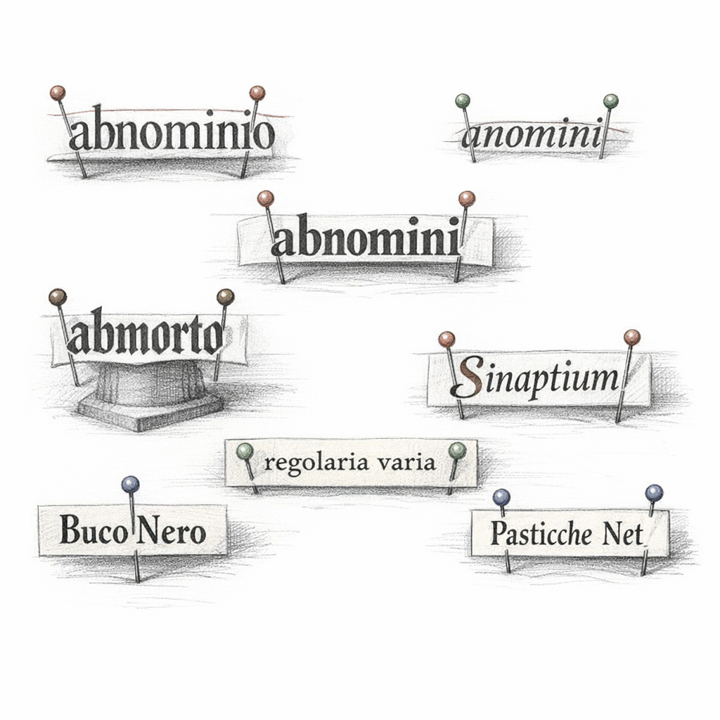Abnormalia's mutated vocabulary as typographic specimens: abnominio, anomini, abnomini, abmorto, regolaria varia, Buco Nero, Sinaptium, Pasticche Net, handmade Italian web text fragments pinned like insects in an archive.