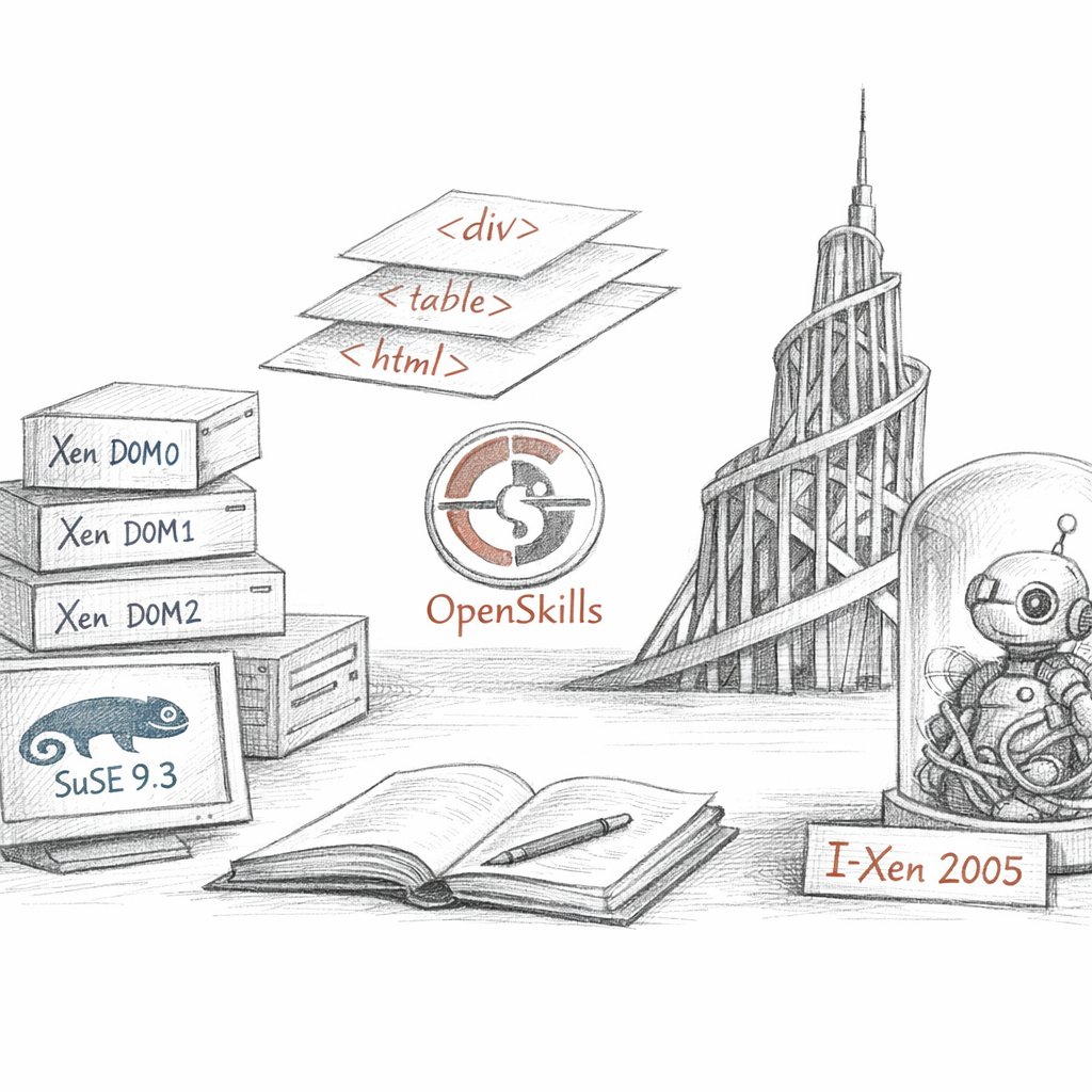 I-Xen 2005 shown as a hybrid tutorial and interactive short story: Xen domains, Suse 9.3, old XHTML layers, OpenSkills logo, Tatlin graphics, and a half-born fun project becoming a future ixen ancestor.