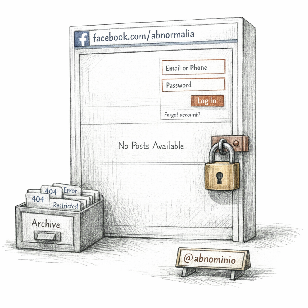 A later social-media apparition of Abnormalia: a Facebook vanity URL as a locked door, login prompt, absent posts, a handle named abnominio, and the archive logic of what cannot be publicly fetched.