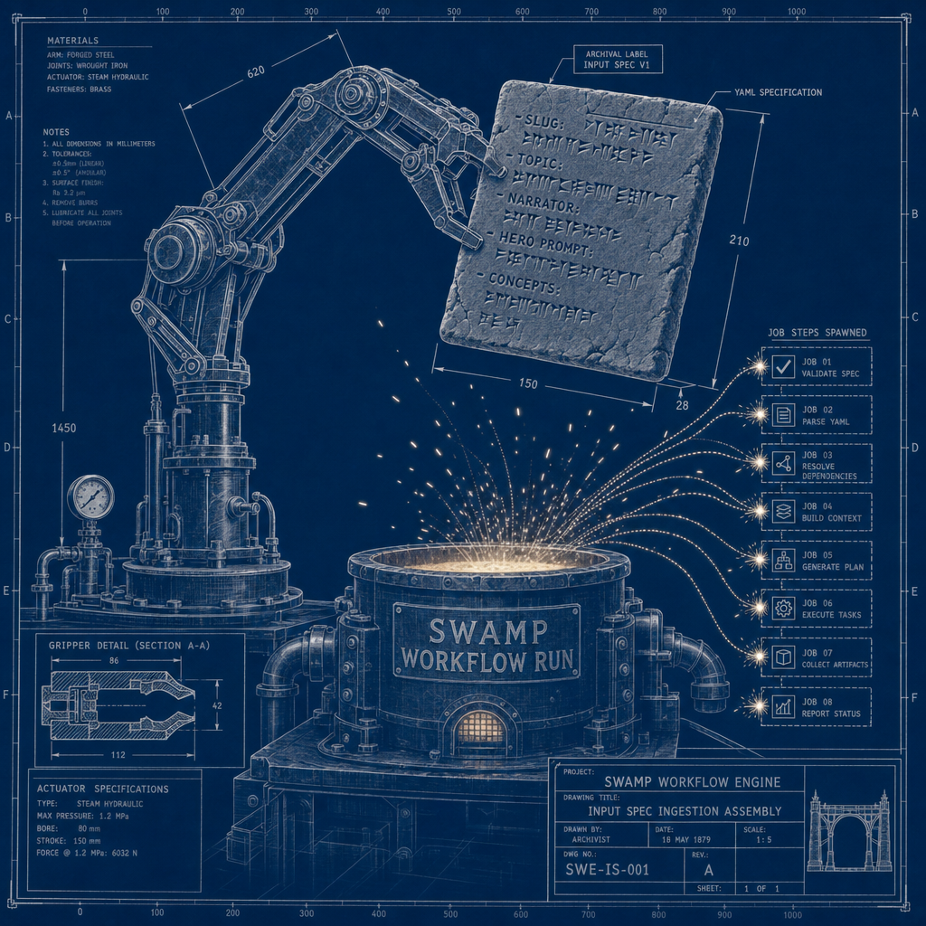 A single YAML file shown as an ancient clay tablet, its fields etched in cuneiform-style indented blocks: slug, topic, narrator, heroPrompt, concepts. A mechanical arm holds the tablet over a furnace labeled "swamp workflow run". Sparks represent individual job steps being spawned. Blueprint technical line art, deep navy background, archival label on the tablet reading "input spec v1".