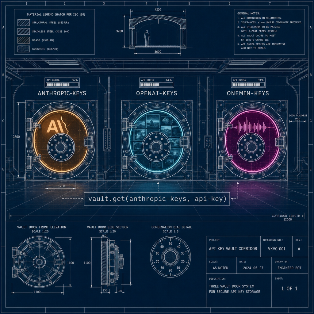 Three vault doors in a surreal corridor, each labeled: anthropic-keys (amber glow, Claude logo fragment), openai-keys (cyan glow, image grid fragment), onemin-keys (magenta glow, waveform fragment). A CEL expression floats between them: vault.get(anthropic-keys, api-key). Blueprint technical line art, each door has a combination dial and a tiny API quota meter above it. Deep navy background.