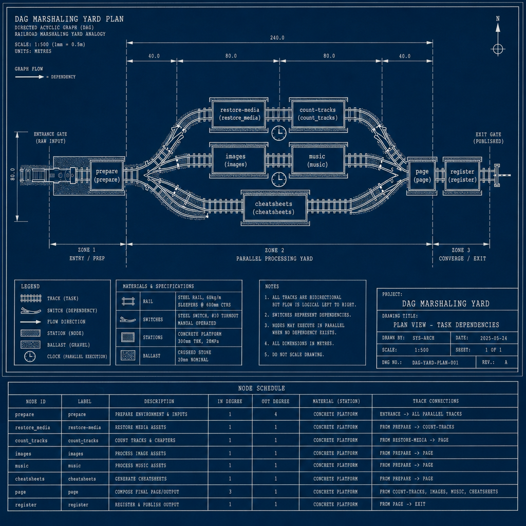 A directed acyclic graph drawn as a railroad marshaling yard seen from above: prepare at the entrance, restore-media and count-tracks branching in parallel, images and music on twin tracks, cheatsheets on a third track, all converging at page, register at the exit gate. Blueprint white on navy. Each node labeled in monospace. Dependency arrows as track switches. Tiny clocks showing parallel execution on the middle tier.