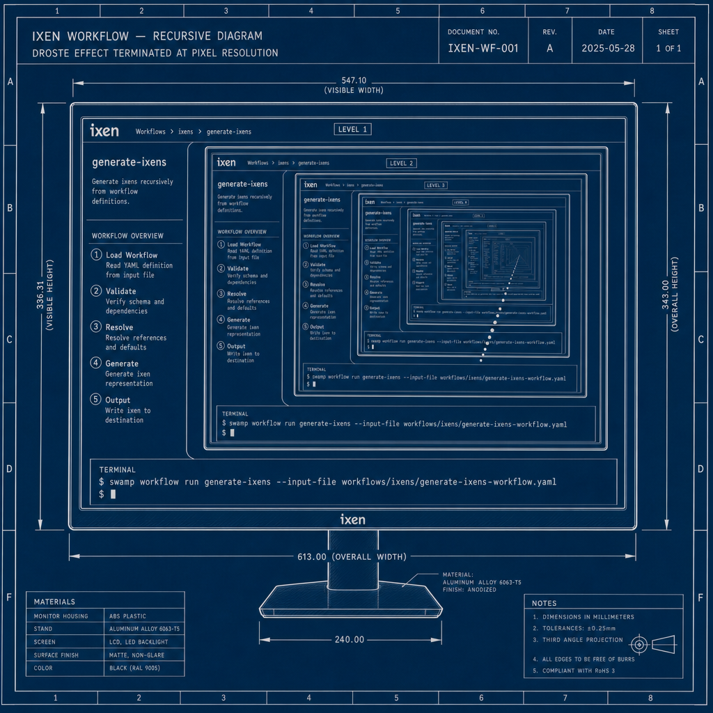 A monitor showing an ixen page about a workflow, with the workflow diagram visible on screen. Inside the diagram is a smaller monitor showing the same ixen page. Inside that monitor is a smaller diagram. The Droste effect, terminated at pixel resolution. At the base level, a terminal shows: swamp workflow run generate-ixens --input-file workflows/ixens/generate-ixens-workflow.yaml. A cursor blinks. Blueprint technical meets Escher. The recursion is labeled and numbered at each level.