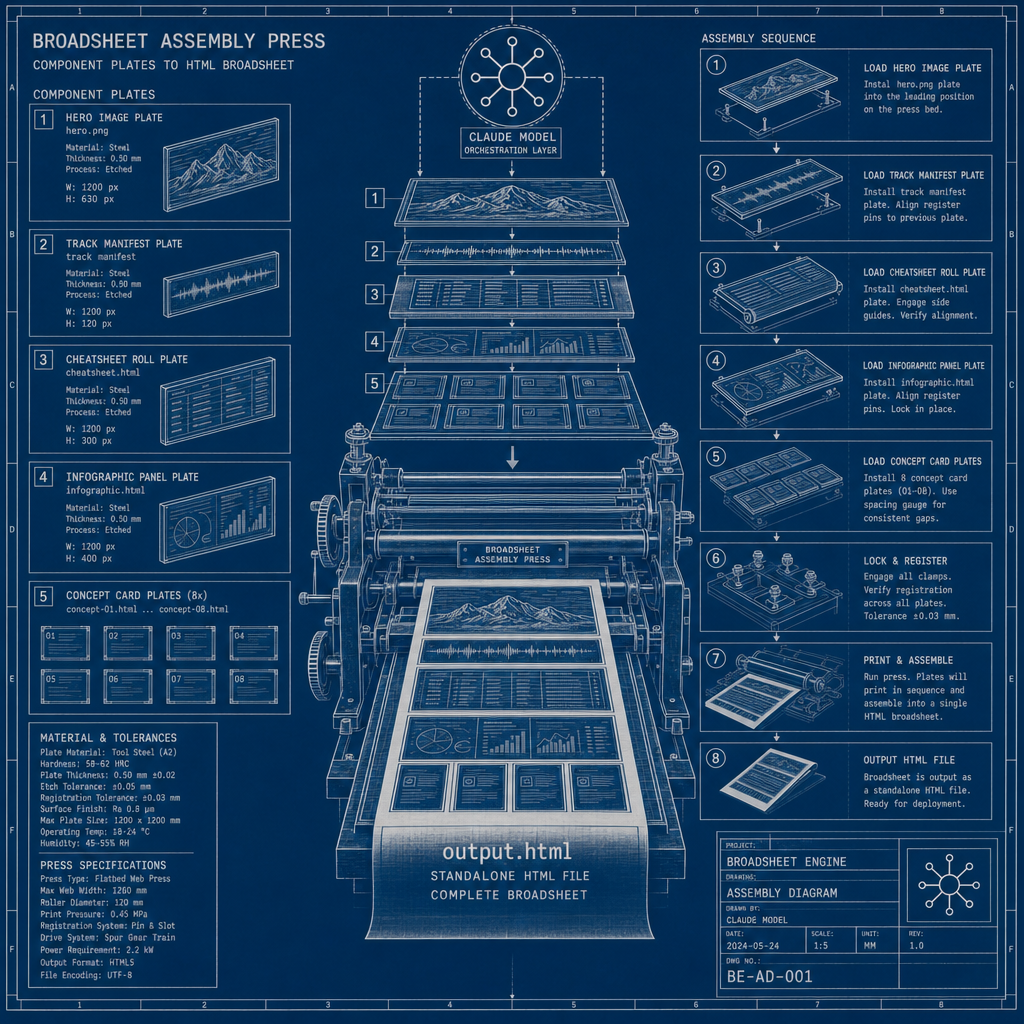 A printing press assembling a broadsheet from component plates: a hero image plate (labeled hero.png), a music track bar (labeled track manifest), a cheatsheet roll (labeled cheatsheet.html), an infographic panel (labeled infographic.html), and eight concept card tiles. A Claude model symbol presides over the composition. Blueprint line art showing the assembly sequence with numbered steps. The output page rolls out at the bottom: a standalone HTML file.