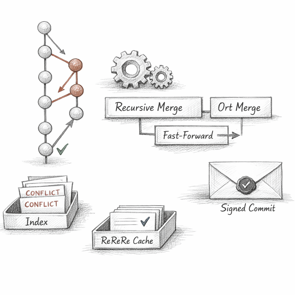 Git branch and merge logic shown as a commit DAG with merge bases, recursive and ort merge machinery, fast-forward updates, conflict stages in the index, rerere memory, and signed merge commits, ixen-light systems illustration.