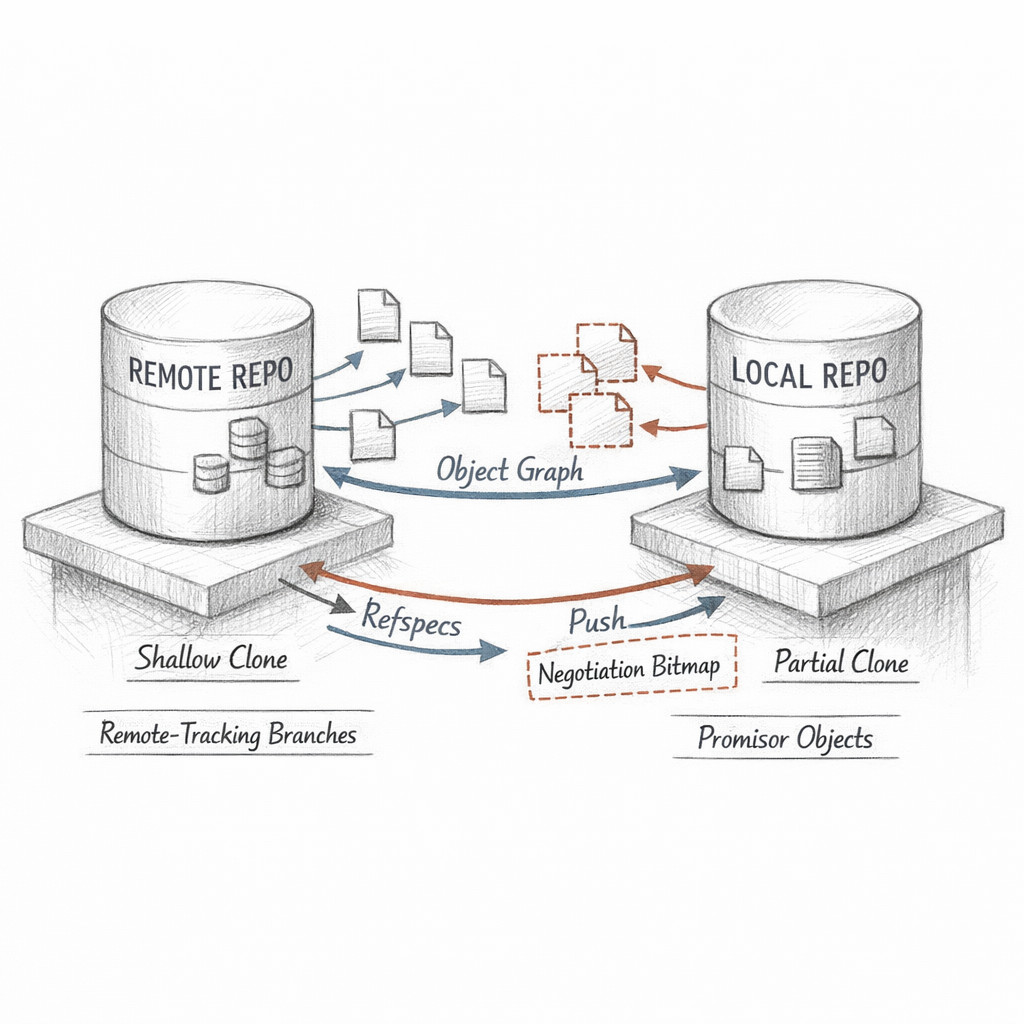 Git remotes shown as repositories exchanging object graphs through fetch, push, pull, refspecs, remote-tracking branches, shallow and partial clones, promisor objects, and negotiation bitmaps, precise ixen-light diagram.