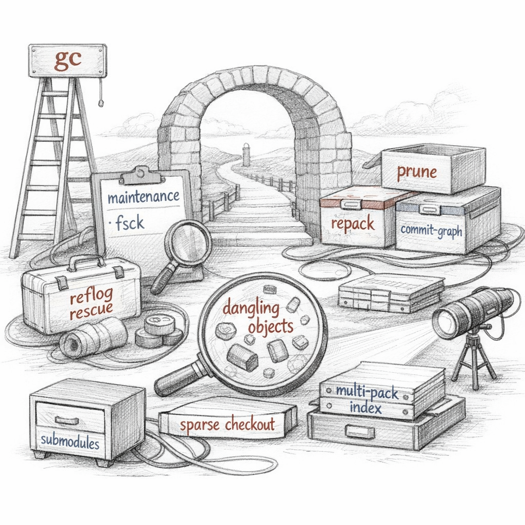 Git repository maintenance and recovery shown with gc, maintenance, fsck, prune, repack, commit-graph files, multi-pack indexes, worktrees, submodules, sparse checkouts, dangling objects, and reflog rescue paths, forensic ixen-light systems art.