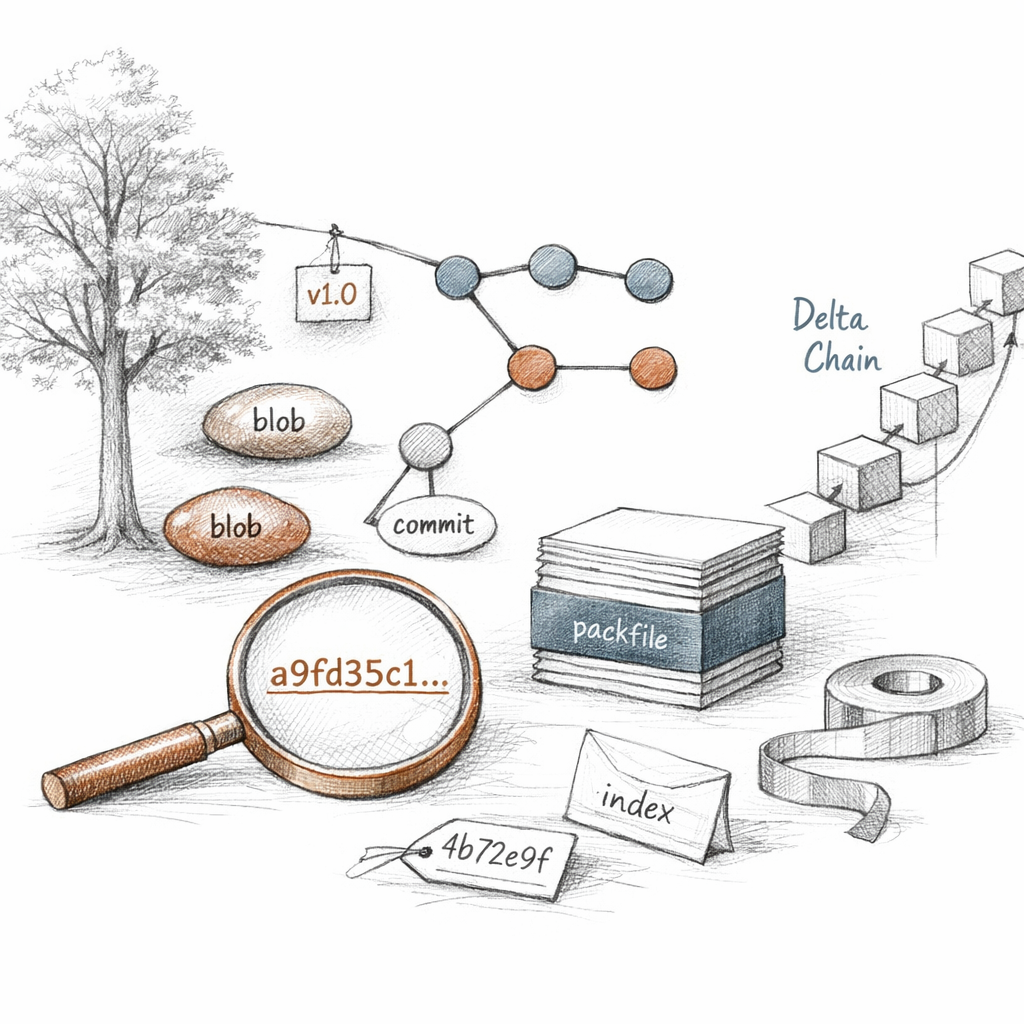 Git blobs, trees, commits, tags, object IDs, loose objects, packfiles, and delta chains displayed as a forensic storage cross-section, meticulous ixen-light technical illustration.