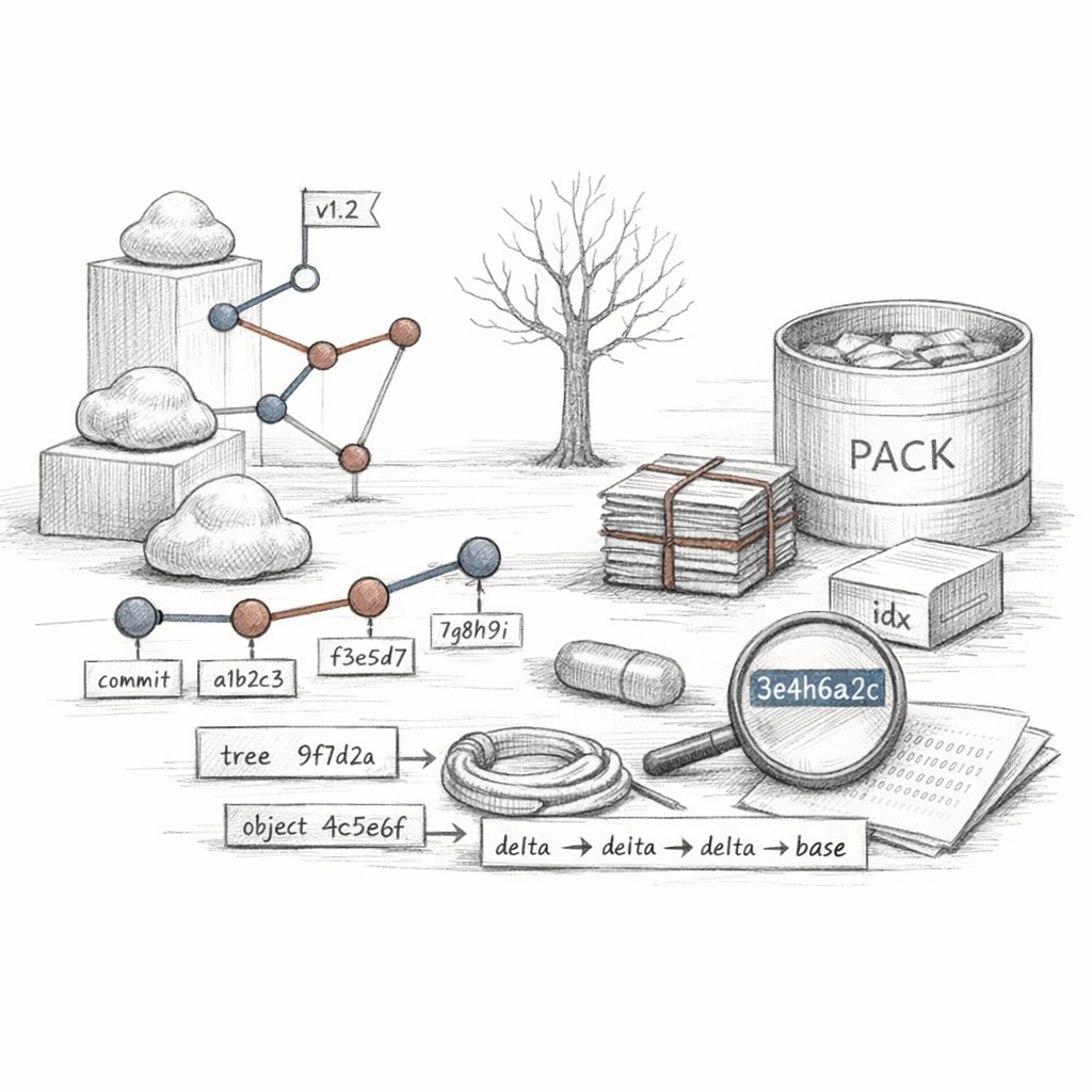 Git blobs, trees, commits, tags, object IDs, loose objects, packfiles, and delta chains displayed as a forensic storage cross-section, meticulous ixen-light technical illustration.