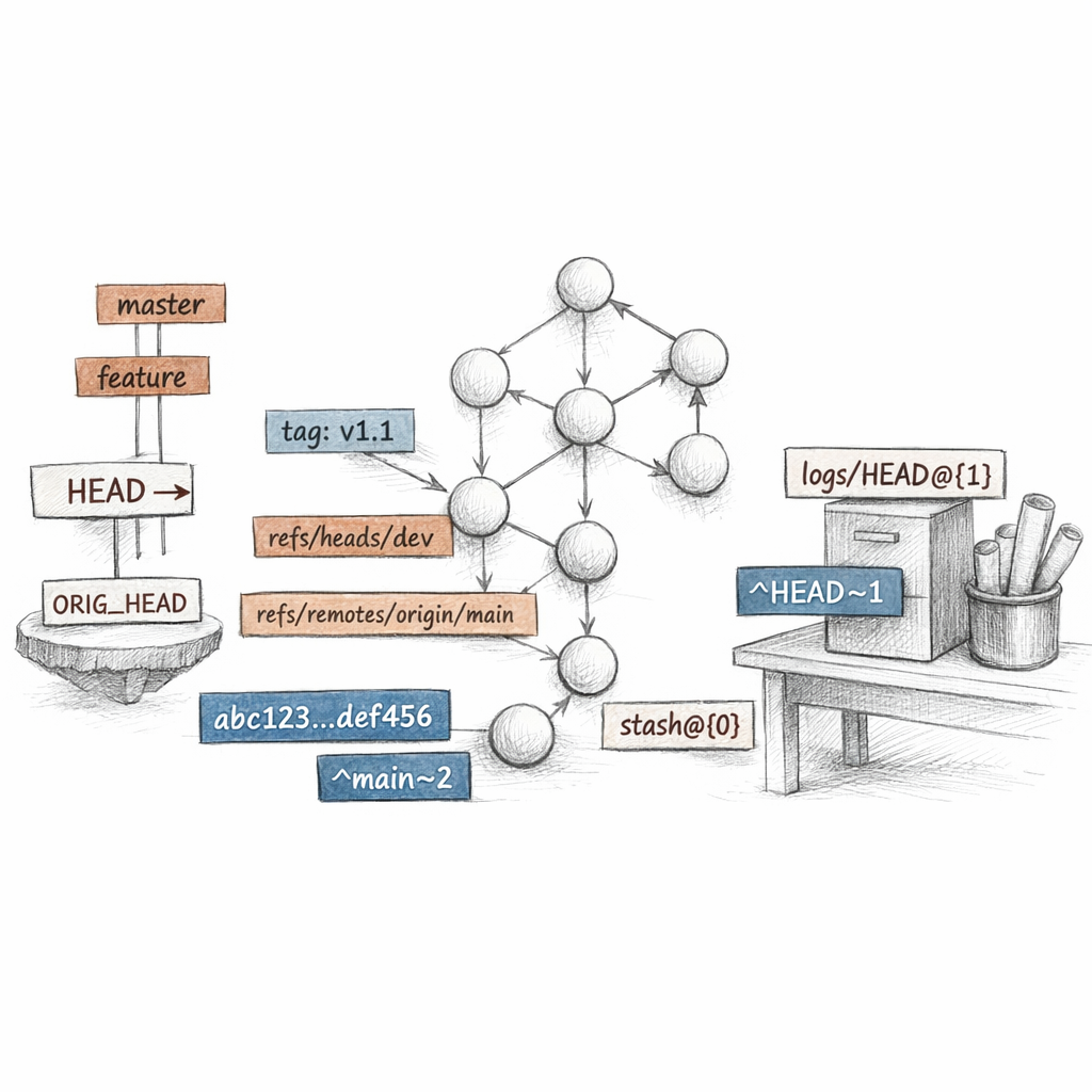 Git refs visualized as movable labels over a commit DAG, with HEAD, symbolic refs, packed refs, namespaces, tags, reflogs, revision ranges, and ancestry selectors, precise ixen-light technical diagram.