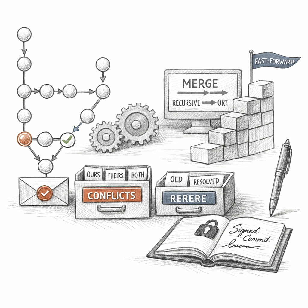 Git branch and merge logic shown as a commit DAG with merge bases, recursive and ort merge machinery, fast-forward updates, conflict stages in the index, rerere memory, and signed merge commits, ixen-light systems illustration.