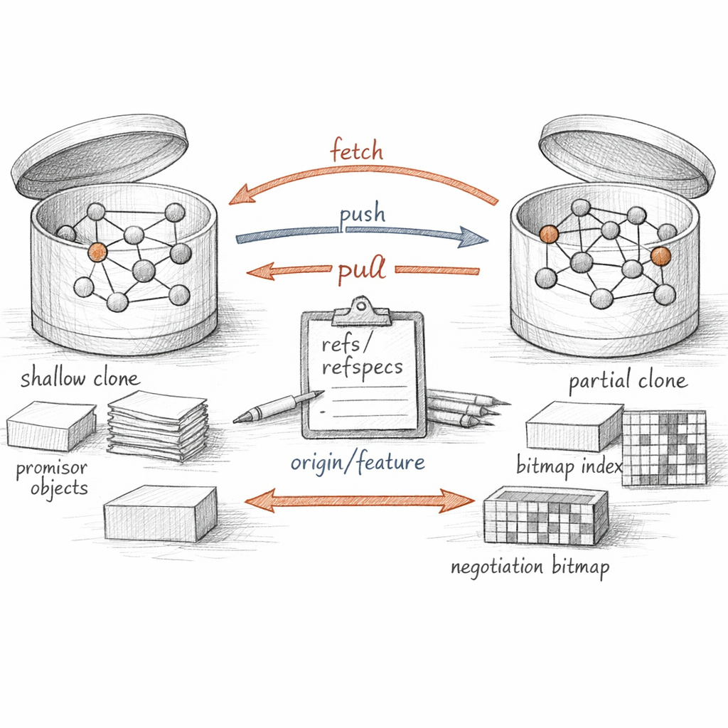 Git remotes shown as repositories exchanging object graphs through fetch, push, pull, refspecs, remote-tracking branches, shallow and partial clones, promisor objects, and negotiation bitmaps, precise ixen-light diagram.