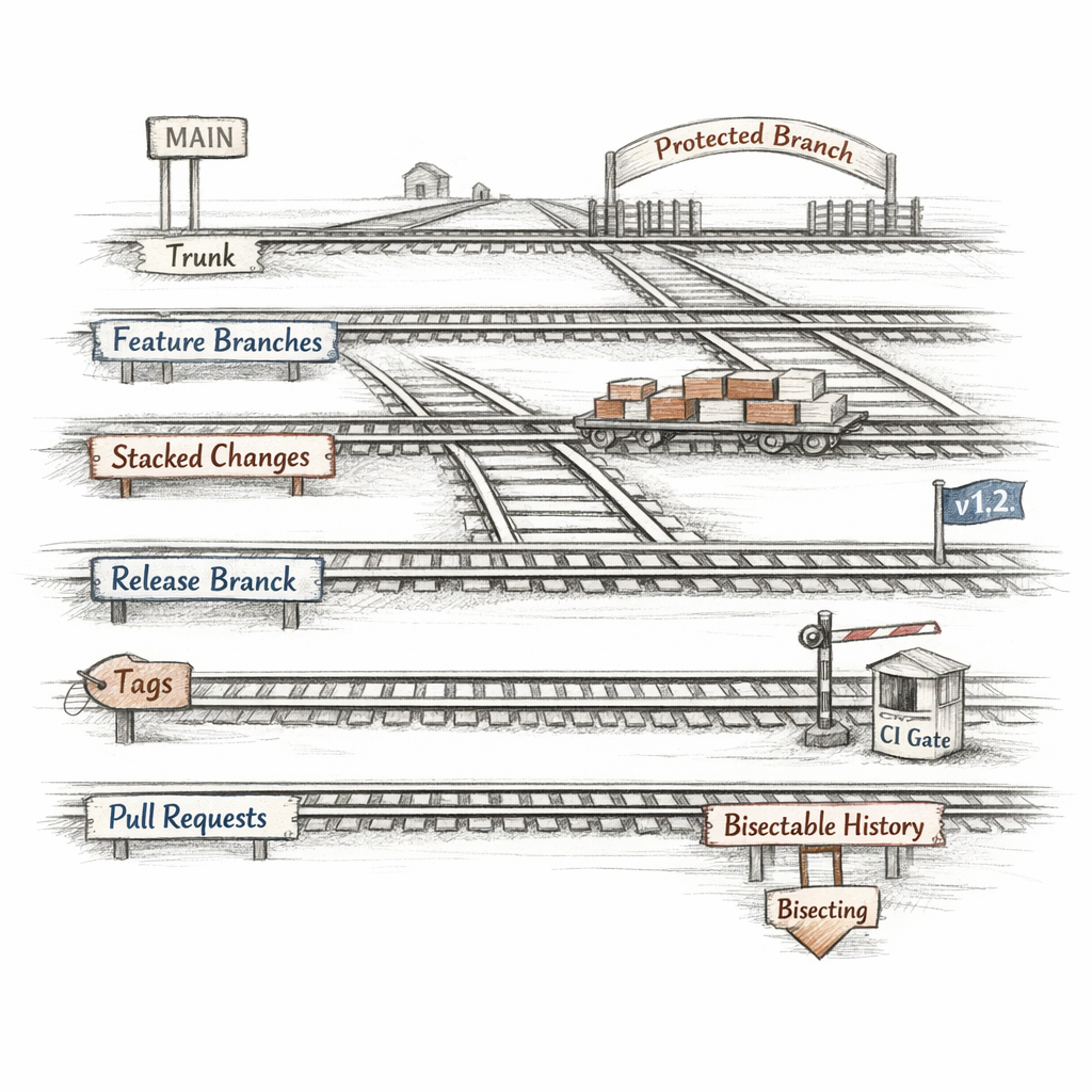 Git collaboration workflows drawn as parallel lanes for trunk-based development, feature branches, protected branches, stacked changes, release branches, tags, pull requests, CI gates, and bisectable history, ixen-light workflow map.