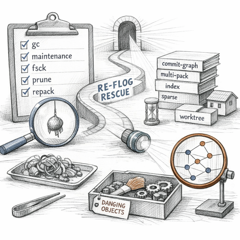 Git repository maintenance and recovery shown with gc, maintenance, fsck, prune, repack, commit-graph files, multi-pack indexes, worktrees, submodules, sparse checkouts, dangling objects, and reflog rescue paths, forensic ixen-light systems art.