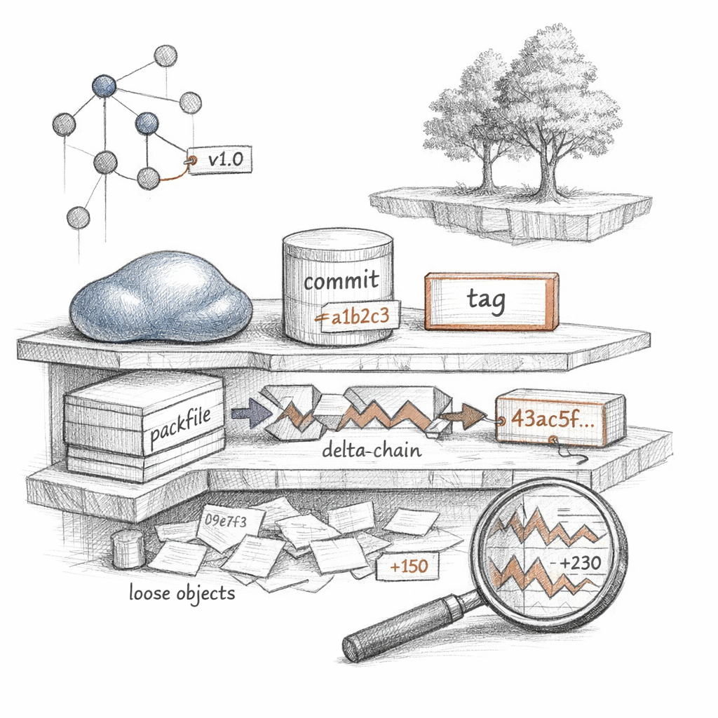 Git blobs, trees, commits, tags, object IDs, loose objects, packfiles, and delta chains displayed as a forensic storage cross-section, meticulous ixen-light technical illustration.