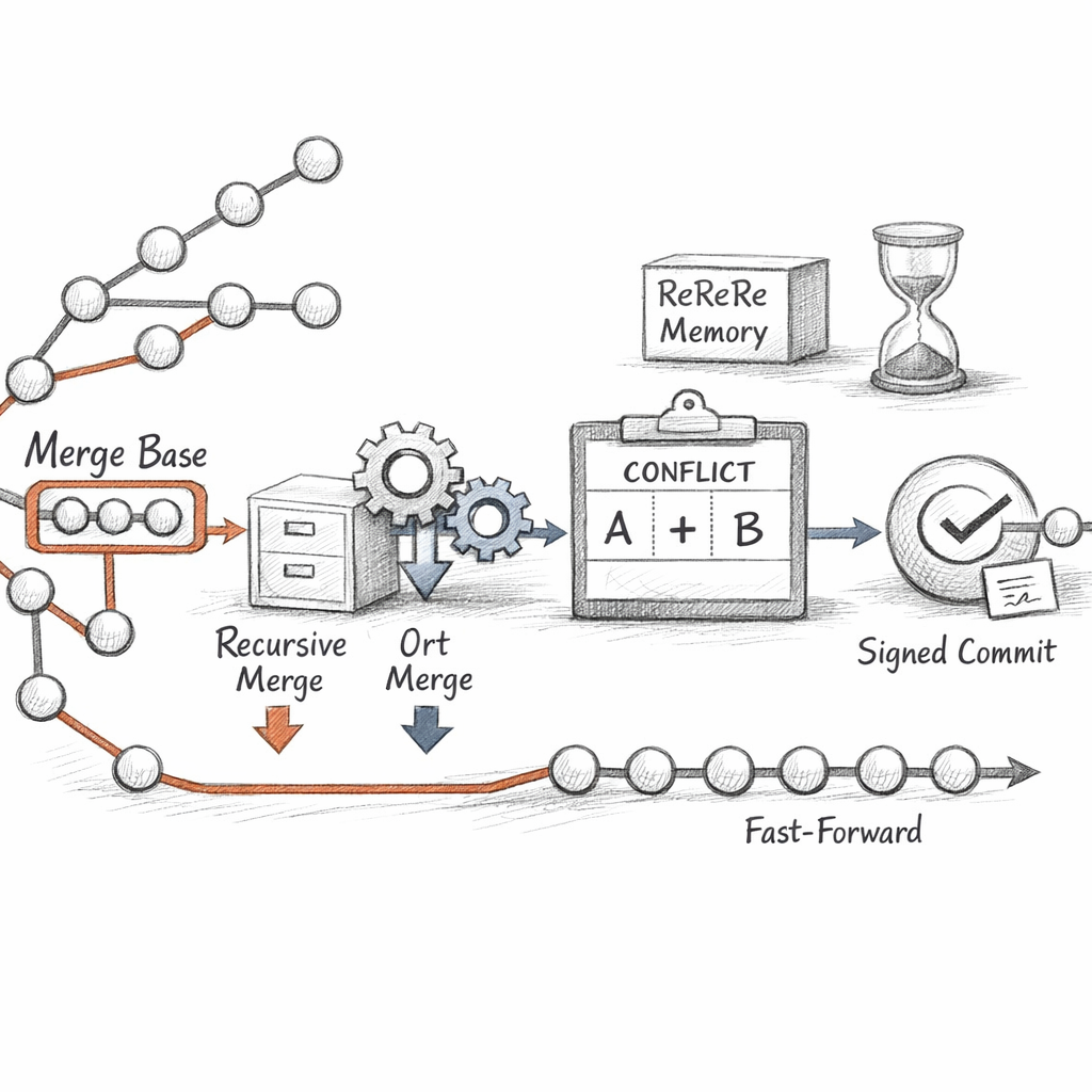 Git branch and merge logic shown as a commit DAG with merge bases, recursive and ort merge machinery, fast-forward updates, conflict stages in the index, rerere memory, and signed merge commits, ixen-light systems illustration.