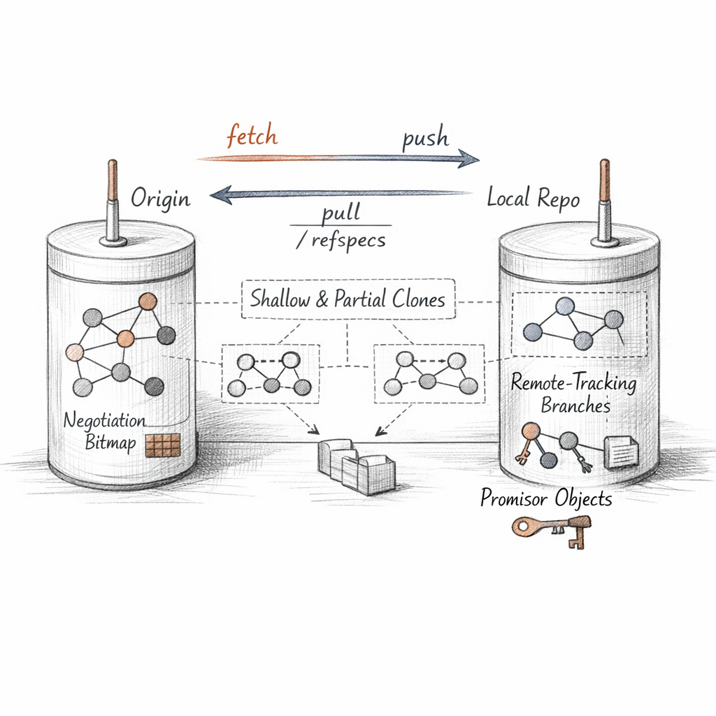 Git remotes shown as repositories exchanging object graphs through fetch, push, pull, refspecs, remote-tracking branches, shallow and partial clones, promisor objects, and negotiation bitmaps, precise ixen-light diagram.