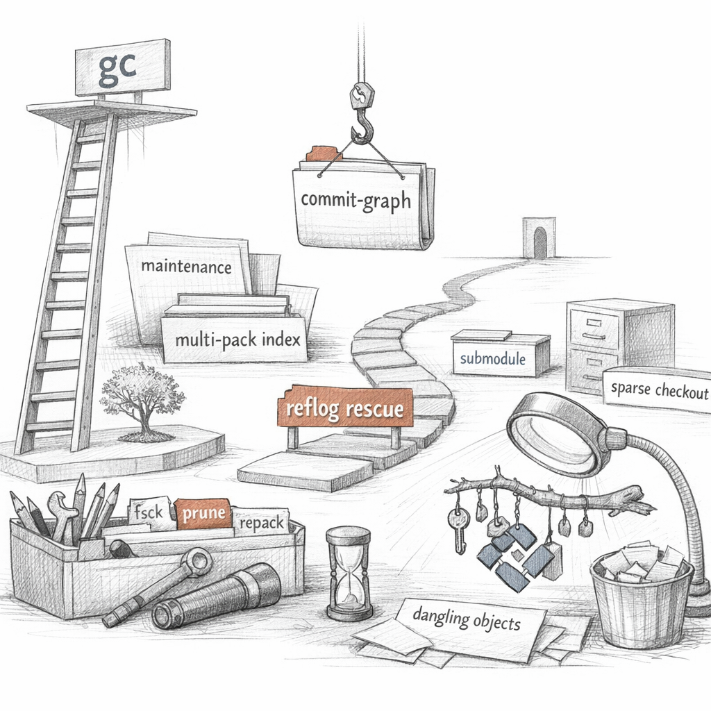 Git repository maintenance and recovery shown with gc, maintenance, fsck, prune, repack, commit-graph files, multi-pack indexes, worktrees, submodules, sparse checkouts, dangling objects, and reflog rescue paths, forensic ixen-light systems art.