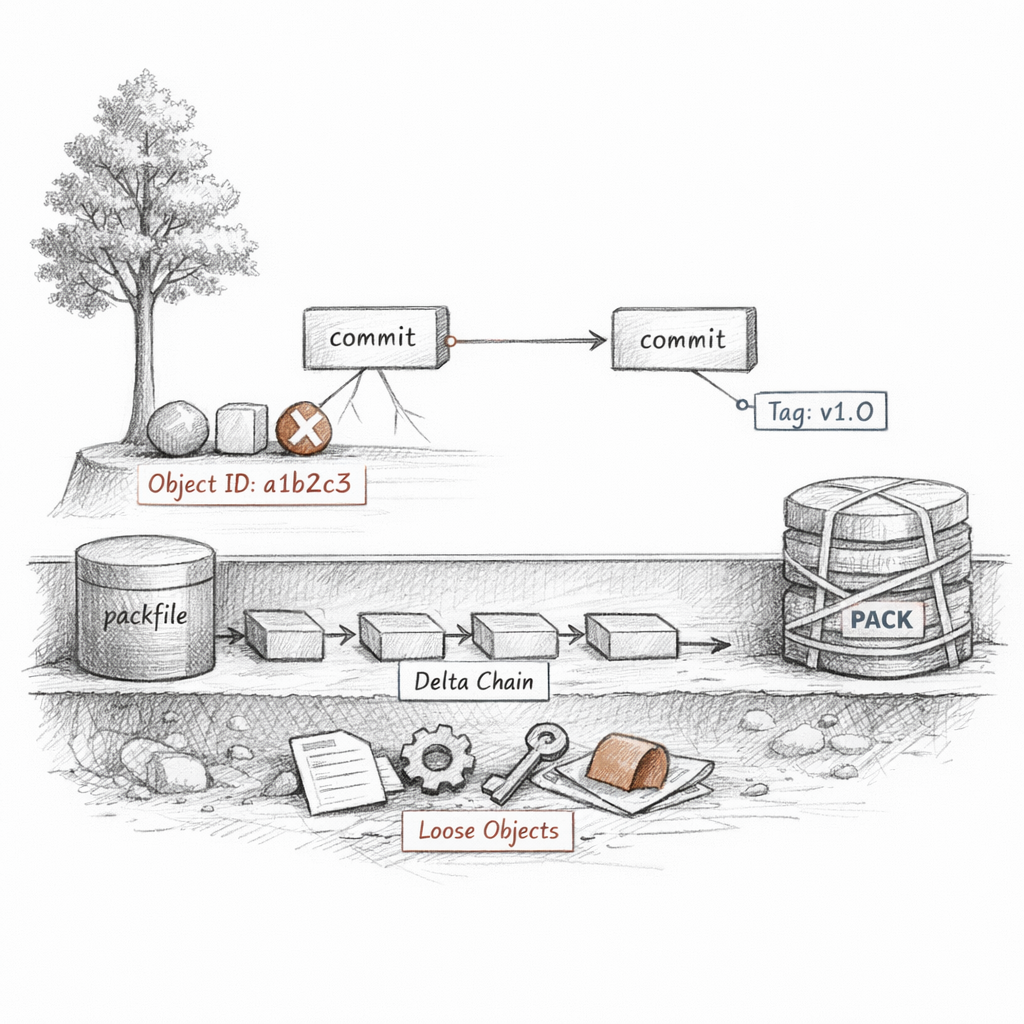 Git blobs, trees, commits, tags, object IDs, loose objects, packfiles, and delta chains displayed as a forensic storage cross-section, meticulous ixen-light technical illustration.