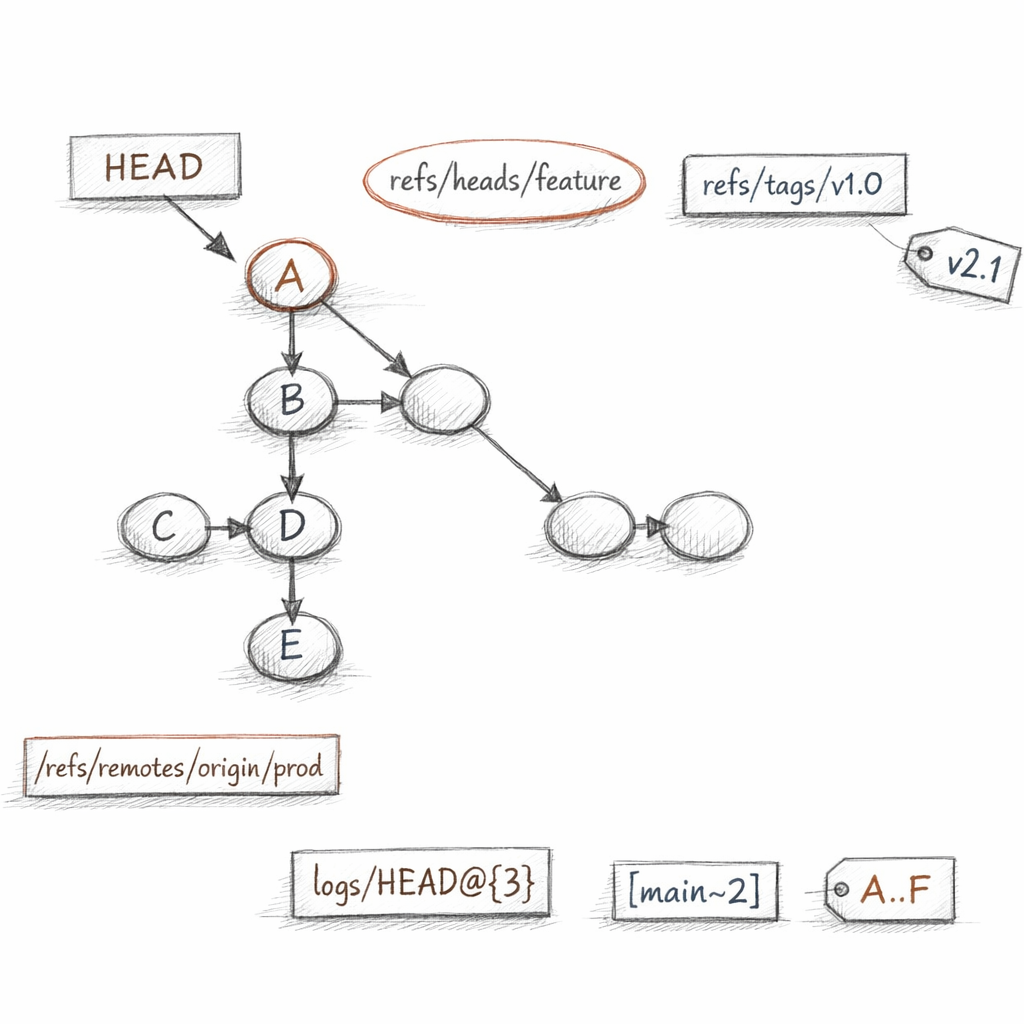 Git refs visualized as movable labels over a commit DAG, with HEAD, symbolic refs, packed refs, namespaces, tags, reflogs, revision ranges, and ancestry selectors, precise ixen-light technical diagram.