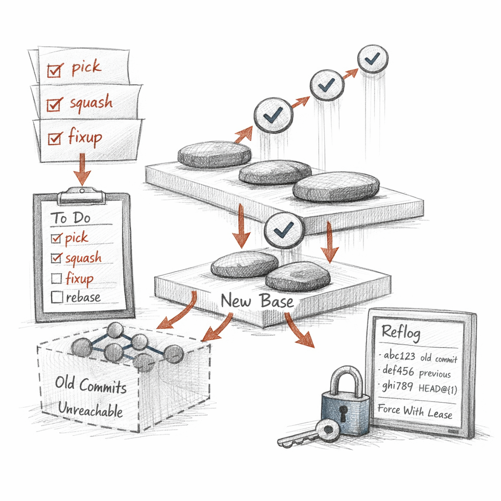 Git rebase and cherry-pick rendered as commits being replayed onto a new base, old objects becoming unreachable but visible in reflogs, interactive todo lists, autosquash, fixup commits, and force-with-lease guards, crisp ixen-light technical artwork.